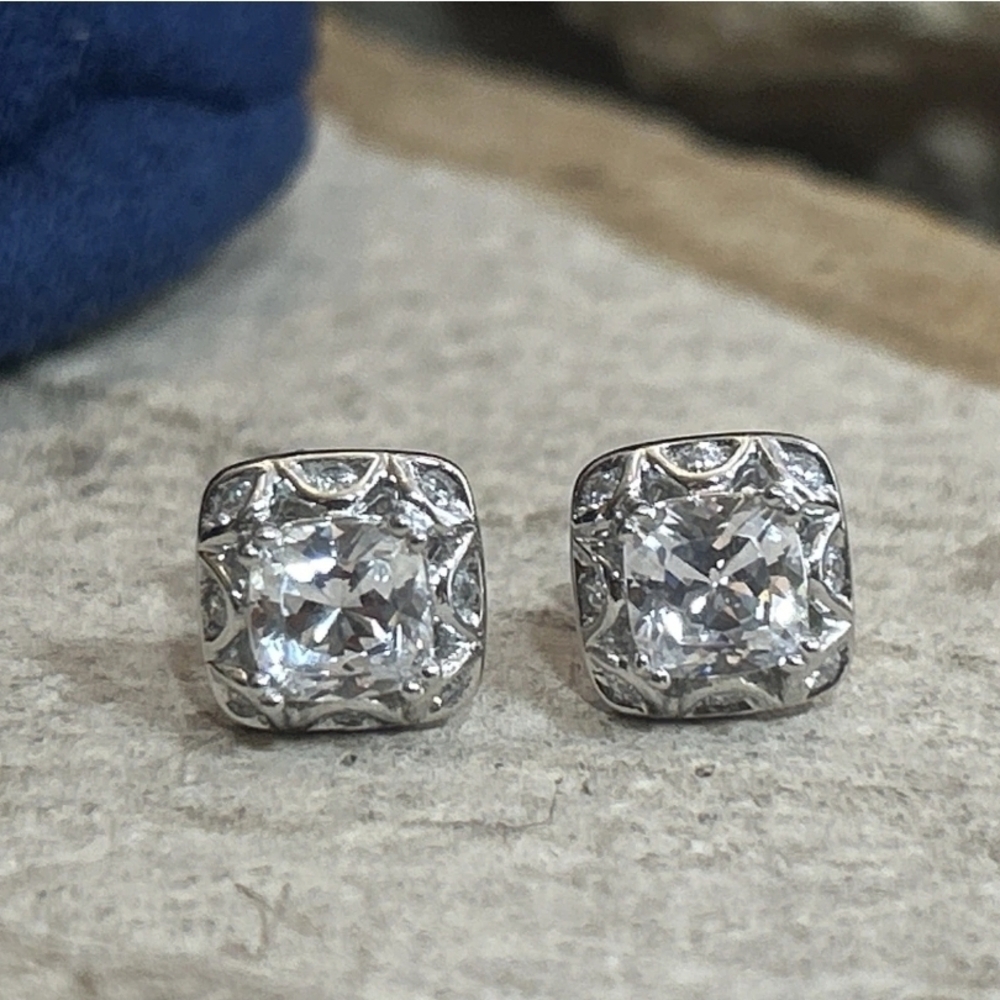 Tacori Sterling Silver CZ Stud Earrings | Cushion Halo | Designer Jewelry